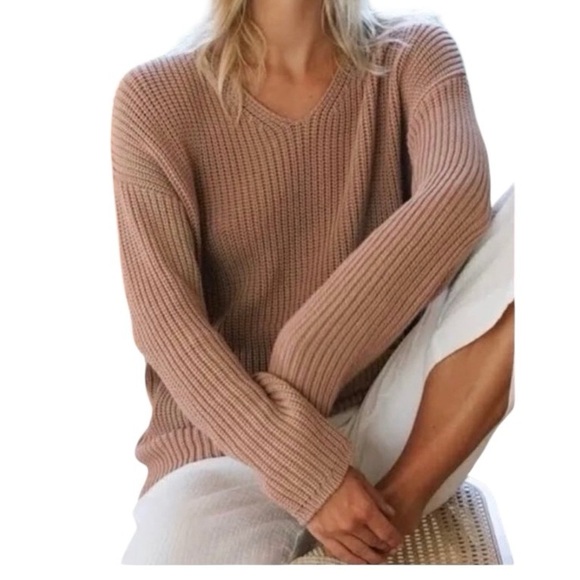 Jenni Kayne Cotton Shaker Knit Chunky V-Neck Pullover Sweater, Size XS